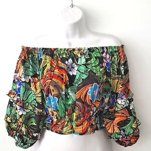 Sexy Exotic Colorful Floral Ruffle Tropical Vibrant Off Shoulder Crop Top Blouse